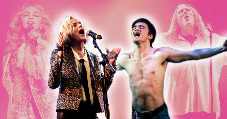 Pictures of Evan Rachel Wood as Madonna and Daniel Radcliffe as Weird Al with their real-life counterparts