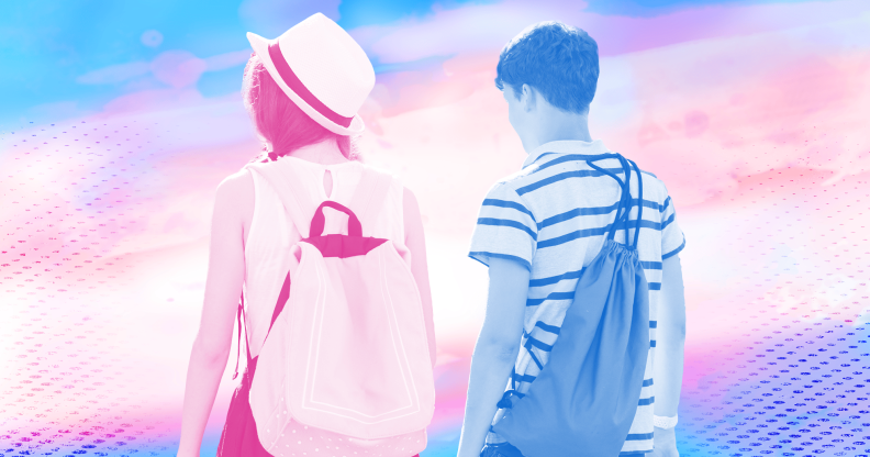 Collage of two young people facing away from the camera with the colours of the trans flag painted over