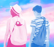 Collage of two young people facing away from the camera with the colours of the trans flag painted over