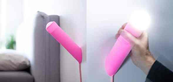 In these side-by-side photographs, a penis-shaped lamp hangs on a wall