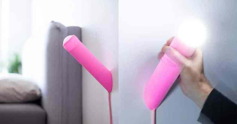 In these side-by-side photographs, a penis-shaped lamp hangs on a wall