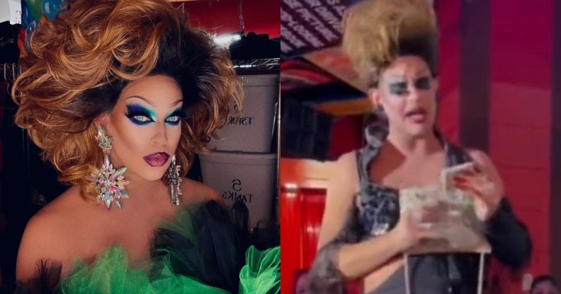 In this side by side, drag queen Shannel poses in drag and, in a screen capture of a video, holds a purse