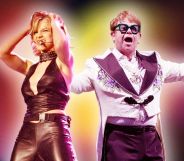 Photos of Britney and Elton performing with glowing lights added in behind them