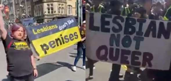 Video footage of Get The L Out members holding up banners at Pride Cymru