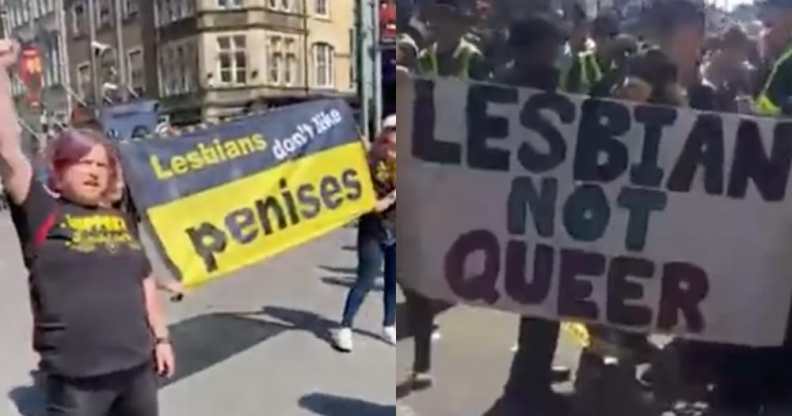 Video footage of Get The L Out members holding up banners at Pride Cymru