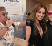 Two photos: Elton John singing into a microphone, and Elton John smiling with Britney Spears in 2013