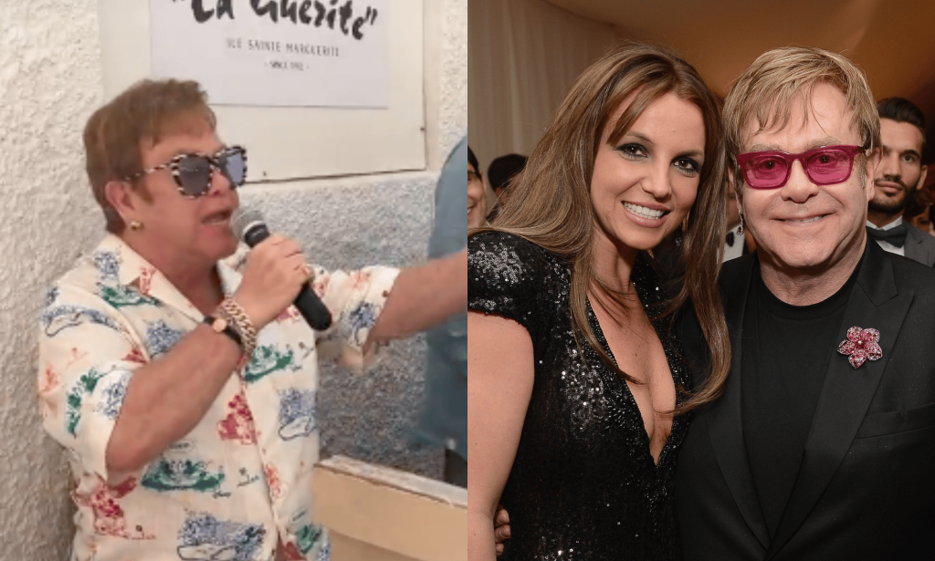 Two photos: Elton John singing into a microphone, and Elton John smiling with Britney Spears in 2013