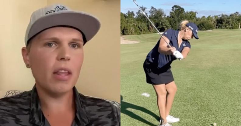 In these video screen captures, Hailey Davidson speaks on a podcast and plays golf