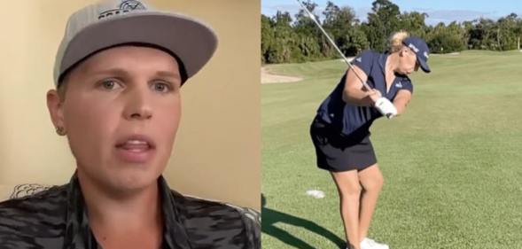 In these video screen captures, Hailey Davidson speaks on a podcast and plays golf