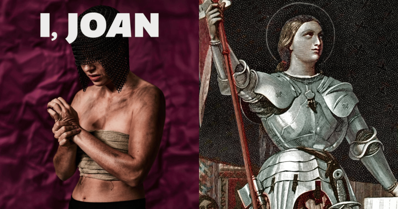 The poster for I, Jon, showing Joan in a chainmail headpiece and binder, and a historical painting of Joan of Arc