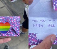 A side-by-side photo of an envelope with 'you make me so proud, happy pride day' written inside