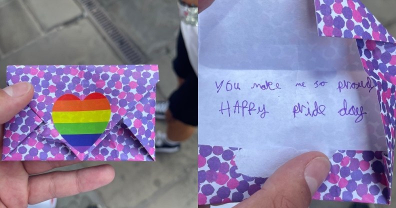A side-by-side photo of an envelope with 'you make me so proud, happy pride day' written inside