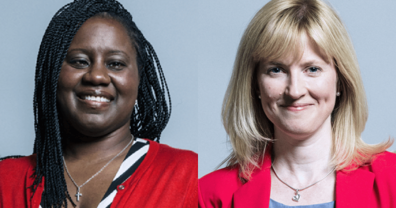 Marsha de Cordova and Rosie Duffield's headshots, both wearing red jackets standing in front of grey backgrounds