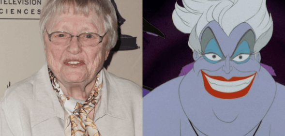Photo of Pat Carroll, an older woman with cropped hair, and the purple sea witch Ursula