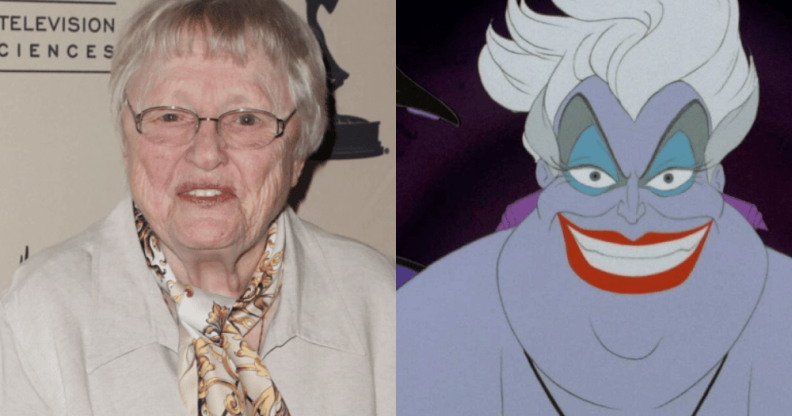 Photo of Pat Carroll, an older woman with cropped hair, and the purple sea witch Ursula