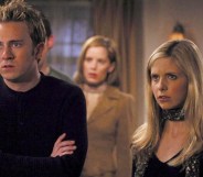 Tom Lenk as Andrew and Sarah Michelle Gellar as Buffy in Buffy the Vampire Slayer.