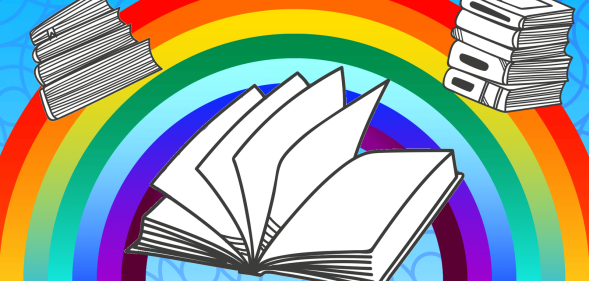 An illustration of books and a rainbow