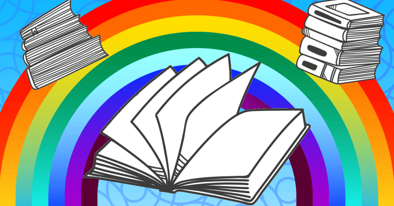 An illustration of books and a rainbow
