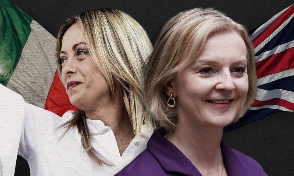 A graphic of UK prime minister Liz Truss and right-wing Italian political leader Giorgia Meloni in front of flags for both nations