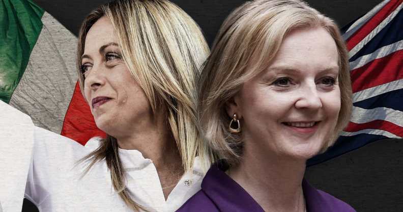 A graphic of UK prime minister Liz Truss and right-wing Italian political leader Giorgia Meloni in front of flags for both nations