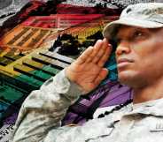 The Pentagon draped in rainbow colours as an army man salutes