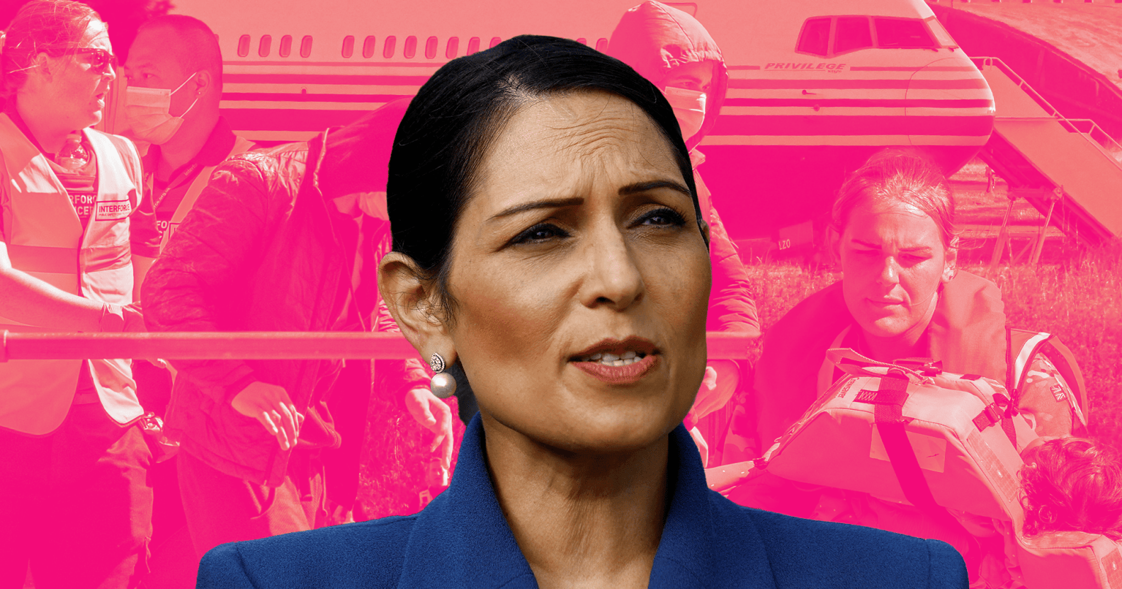 A graphic of Priti Patel standing in front of a pink background