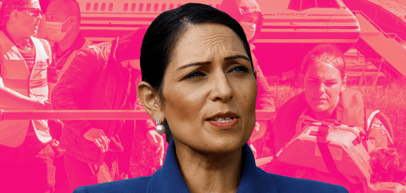 A graphic of Priti Patel standing in front of a pink background