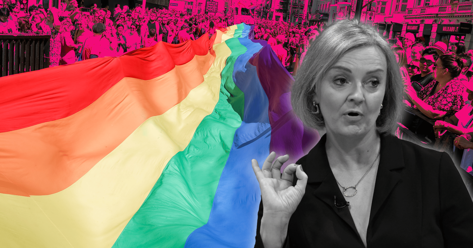 A graphic depicting Liz Truss in front of LGBTQ+ advocates