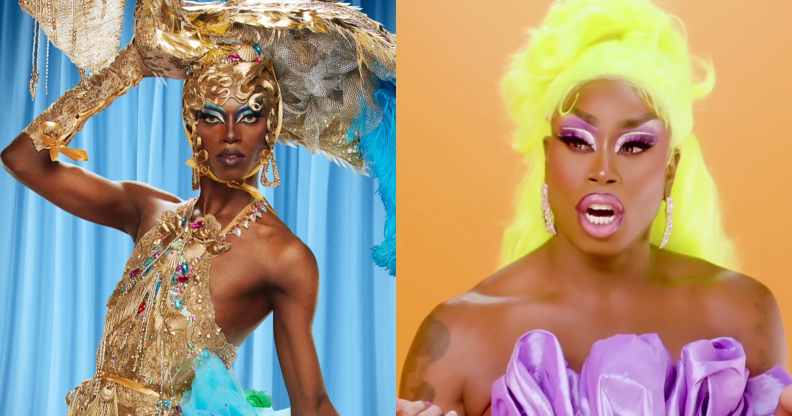 A split-screen image showing drag queens Black Peppa and Mo Heart who are in season four of Drag Race UK. (BBC/World of Wonder/Guy Levy/RuPaul's Drag Race/YouTube)
