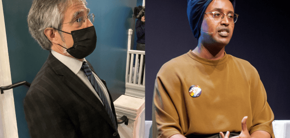 A split image of Aaron Peskin and Honey Mahogany