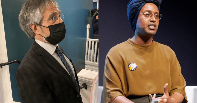 A split image of Aaron Peskin and Honey Mahogany