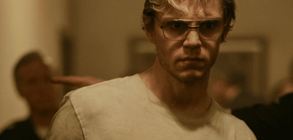 A promotional still of actor Evan Peters as Jeffrey Dahmer in the Netflix series Monster: The Jeffray Dahmer Story.