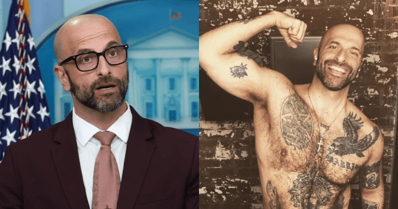 Dr Demetre Daskalakis at a monkeypox briefing (L) and posing shirtless (R).