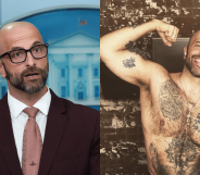 Dr Demetre Daskalakis at a monkeypox briefing (L) and posing shirtless (R).