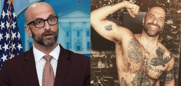Dr Demetre Daskalakis at a monkeypox briefing (L) and posing shirtless (R).