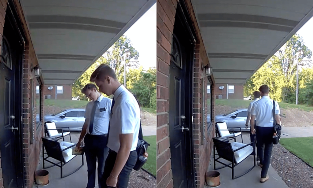 Mormon missionaries look at doormat