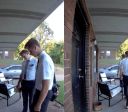 Mormon missionaries look at doormat