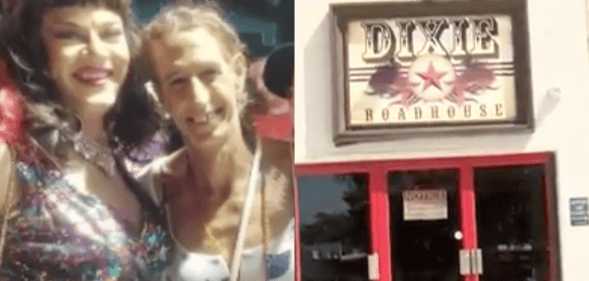 Photo of Piper with a drag queen, and the outside of Dixie Roadhouse
