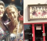 Photo of Piper with a drag queen, and the outside of Dixie Roadhouse