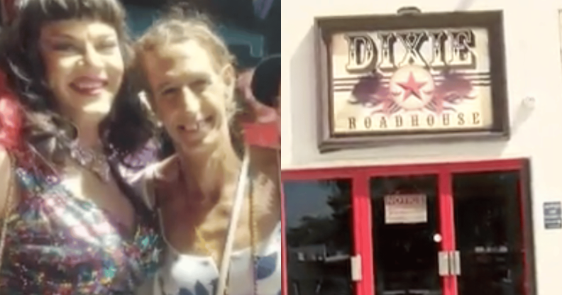 Photo of Piper with a drag queen, and the outside of Dixie Roadhouse