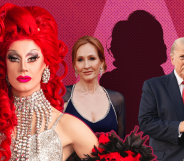 Collage of Divina, Trump, Rowling and the outline of a mystery drag queen