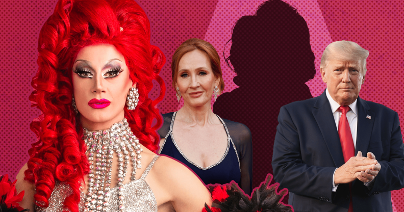 Collage of Divina, Trump, Rowling and the outline of a mystery drag queen