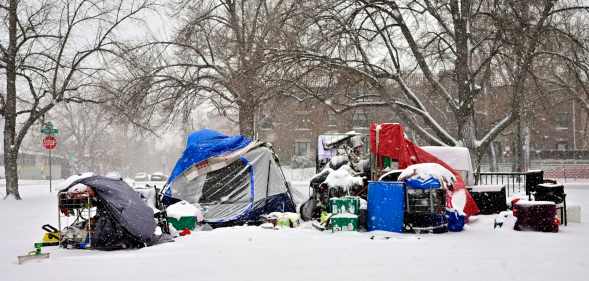 A homeless camp site during the winter in Denver, Colorado