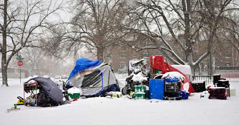 A homeless camp site during the winter in Denver, Colorado