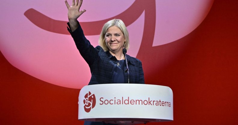 Sweden's Prime Minister and the Social Democratic party leader Magdalena Andersson waves to supporters during an election party at the Waterfront Conference Center in Stockholm