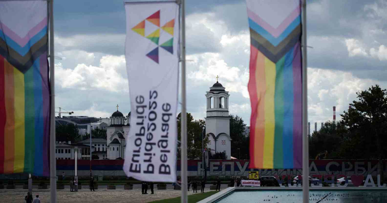 EuroPride flags flutter during the opening ceremony of the EuroPride 2022 in Belgrade, on September 12, 2022.