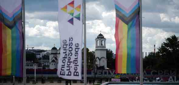 EuroPride flags flutter during the opening ceremony of the EuroPride 2022 in Belgrade, on September 12, 2022.