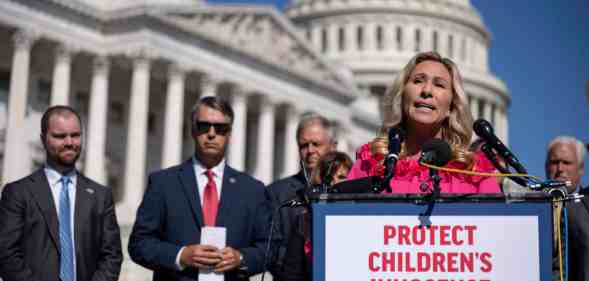 Rep. Marjorie Taylor Greene speaks during a news conference on Capitol Hill