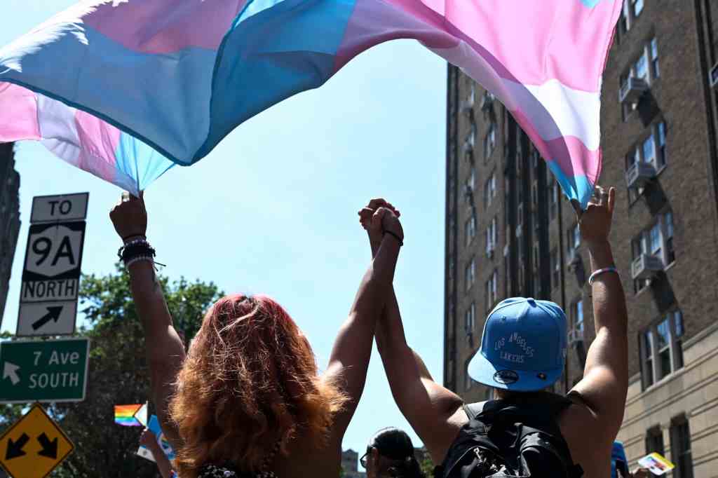 Two trans people hold hands while marching under a trans pride flag.