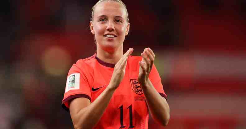 Beth Mead of England applauds the fans